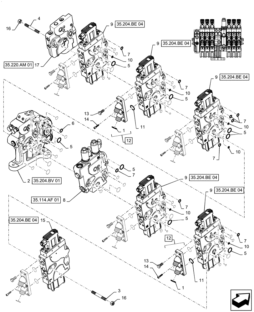 Схема запчастей Case IH MAGNUM 3154 - (35.204.BE[24]) - VALVE ASSY, 6 STACK AUX VALVES MEGA FLOW WITH TRAILER BRAKE (35) - HYDRAULIC SYSTEMS
