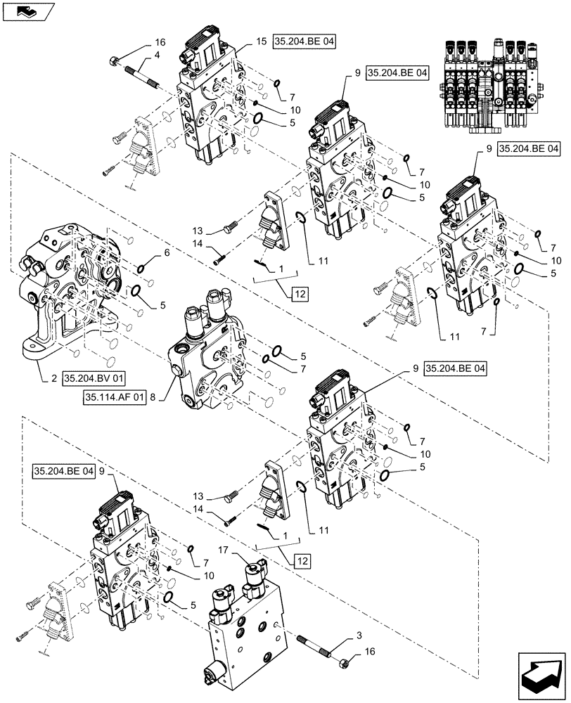 Схема запчастей Case IH MAGNUM 310 - (35.204.BE[13]) - VALVE ASSY, 5 STACK AUX VALVES STD/HI FLOW WITH POWER BEYOND & TOP LINK (35) - HYDRAULIC SYSTEMS