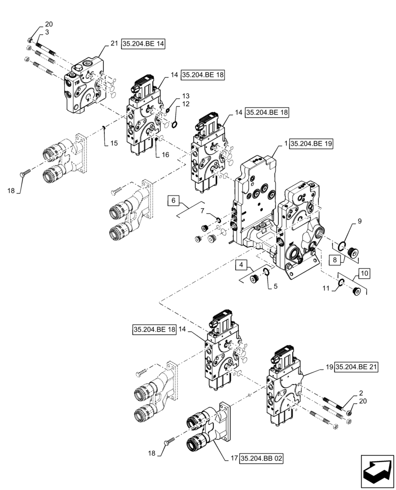 Схема запчастей Case IH STEIGER 620 - (35.204.BE[05]) - AUXILIARY CONTROL VALVE, 4-SPOOL, 3/4" COUPLING, WITH TRAILER BRAKE (35) - HYDRAULIC SYSTEMS