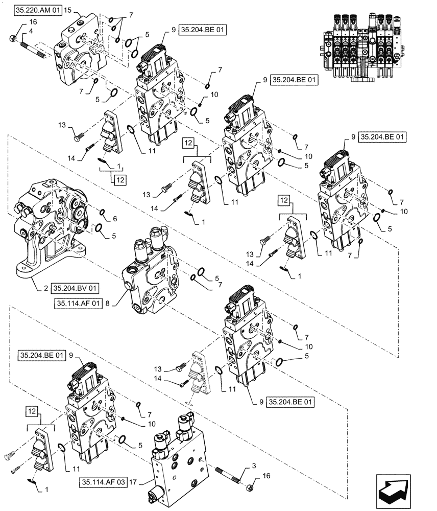 Схема запчастей Case IH MAGNUM 250 - (35.204.BE[18]) - VALVE ASSY, 5 STACK AUX VALVES MEGA FLOW WITH TRAILER BRAKE & TOP LINK (35) - HYDRAULIC SYSTEMS