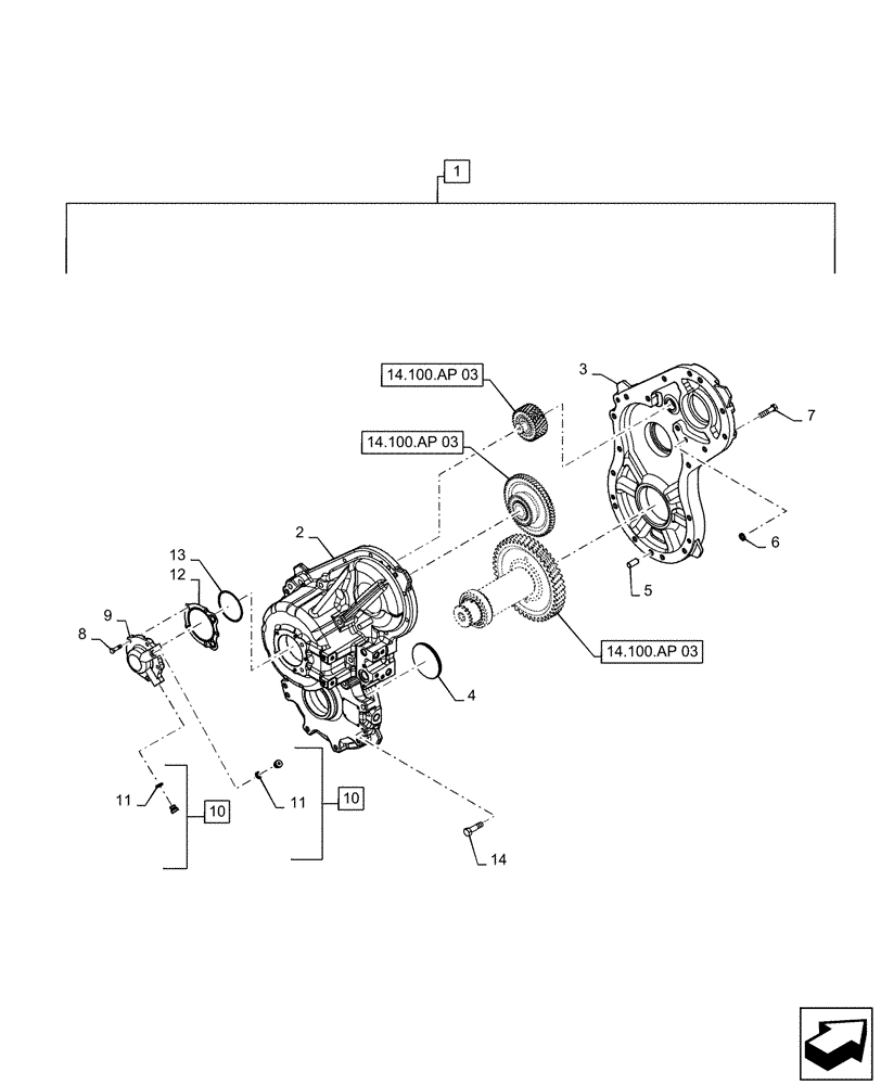 Схема запчастей Case IH QUADTRAC 470 - (14.100.AP[02]) - VAR - 420600 - PARALLEL FLOW HYDRAULIC PUMP DRIVE, SERVICE PARTS, W/O PTO, BSN ZFF304013 (14) - MAIN GEARBOX & DRIVE