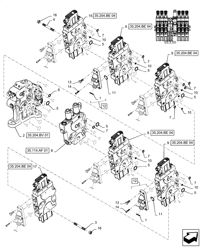Схема запчастей Case IH MAGNUM 370 - (35.204.BE[19]) - VALVE ASSY, 6 STACK AUX VALVES STD/HI FLOW (35) - HYDRAULIC SYSTEMS