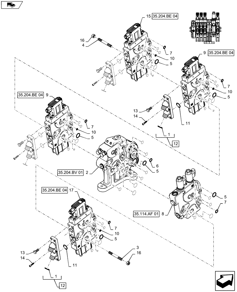 Схема запчастей Case IH MAGNUM 290 - (35.204.BE[02]) - VALVE ASSY, 4 STACK AUX VALVES MEGA FLOW (35) - HYDRAULIC SYSTEMS