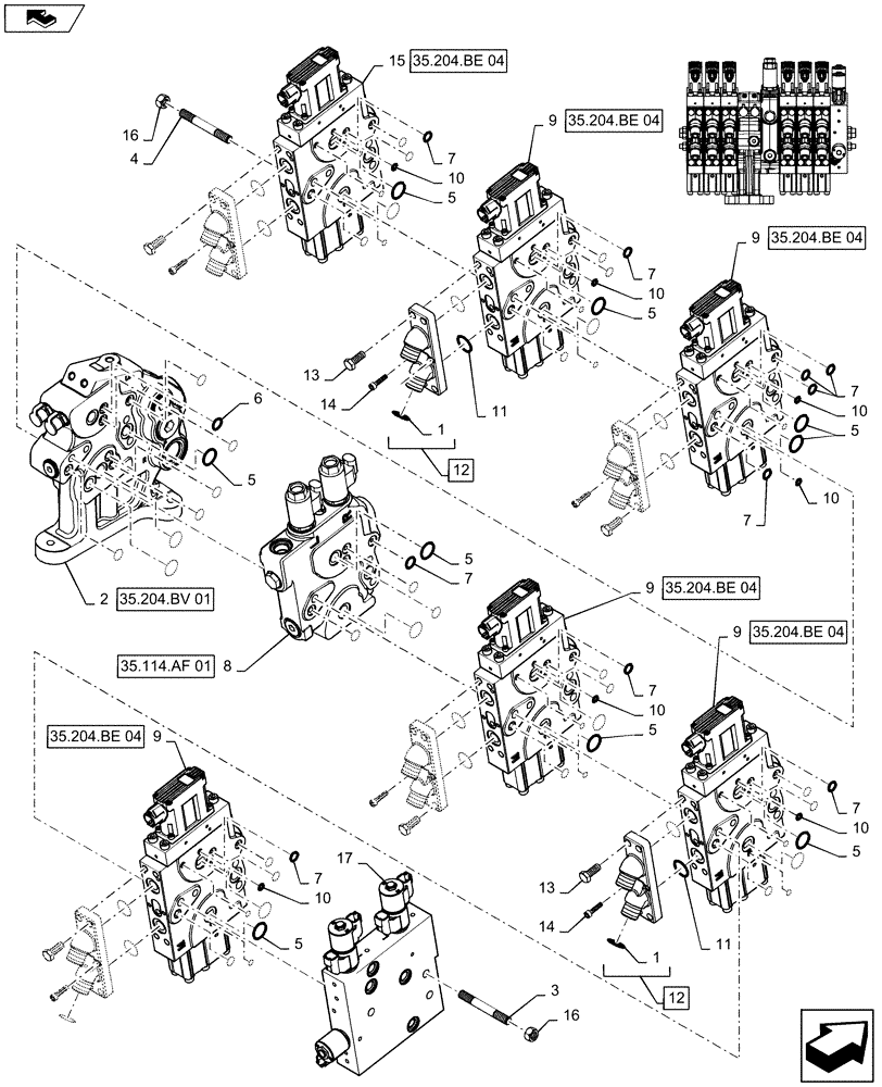 Схема запчастей Case IH MAGNUM 250 - (35.204.BE[21]) - VALVE ASSY, 6 STACK AUX VALVES STD/HI FLOW WITH POWER BEYOND & TOP LINK (35) - HYDRAULIC SYSTEMS