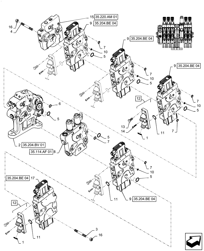 Схема запчастей Case IH MAGNUM 235 - (35.204.BE[15]) - VALVE ASSY, 5 STACK AUX VALVES STD/HI FLOW WITH TRAILER BRAKE (35) - HYDRAULIC SYSTEMS