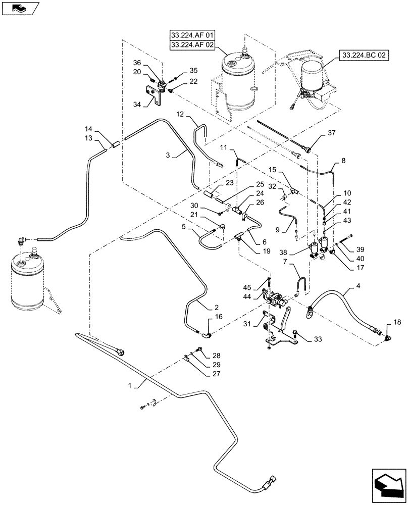 Схема запчастей Case IH MAGNUM 380 - (33.224.BC[03]) - CVT - TRAILER BRAKE PLUMBING, AND VALVE & FILTER ASSY (33) - BRAKES & CONTROLS