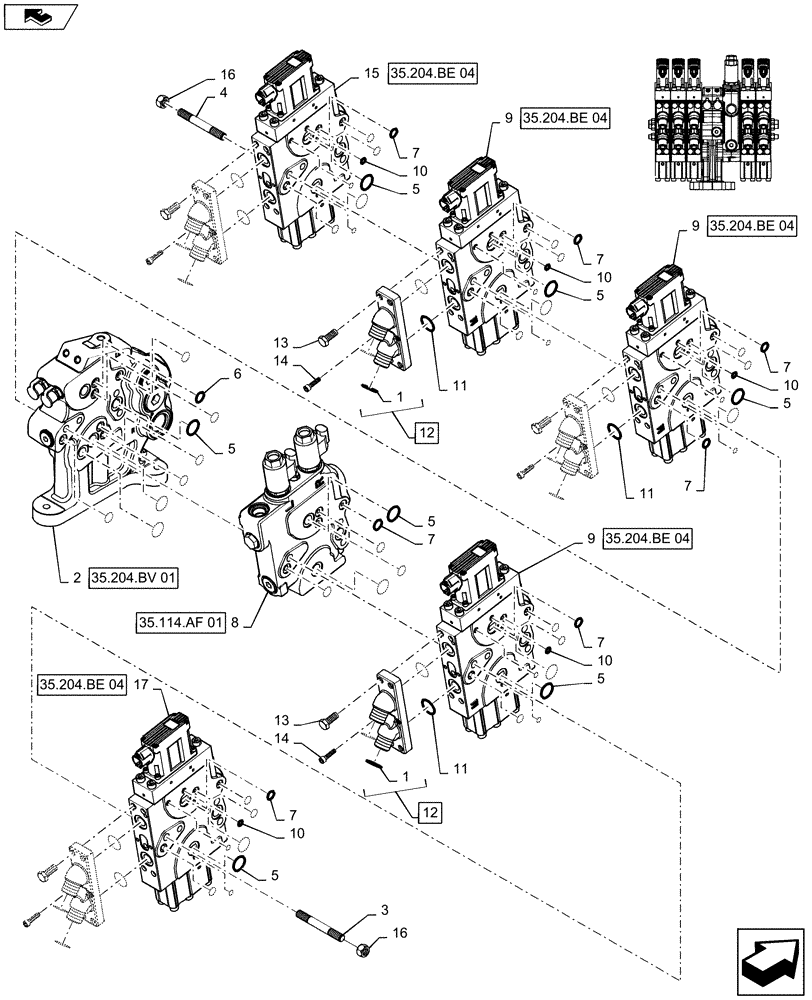 Схема запчастей Case IH MAGNUM 370 - (35.204.BE[12]) - VALVE ASSY, 5 STACK AUX VALVES MEGA FLOW (35) - HYDRAULIC SYSTEMS