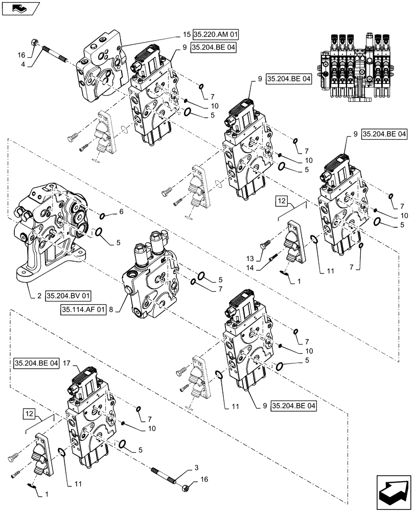 Схема запчастей Case IH MAGNUM 380 - (35.204.BE[16]) - VALVE ASSY, 5 STACK AUX VALVES MEGA FLOW WITH TRAILER BRAKE (35) - HYDRAULIC SYSTEMS