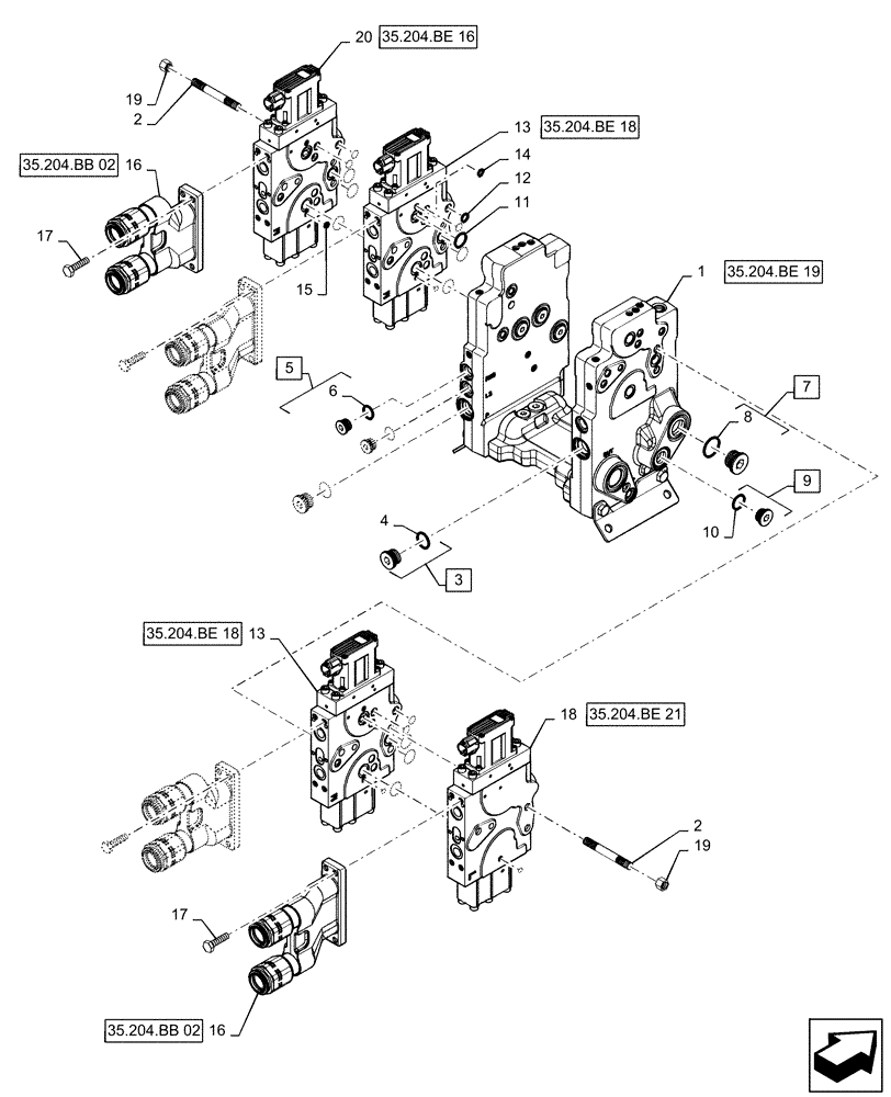 Схема запчастей Case IH STEIGER 620 - (35.204.BE[02]) - AUXILIARY CONTROL VALVE, 4-SPOOL, 3/4" COUPLING (35) - HYDRAULIC SYSTEMS