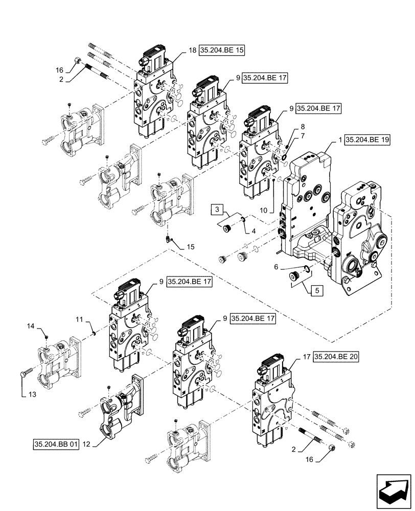 Схема запчастей Case IH QUADTRAC 470 - (35.204.BE[08]) - AUXILIARY CONTROL VALVE, 6-SPOOL (35) - HYDRAULIC SYSTEMS