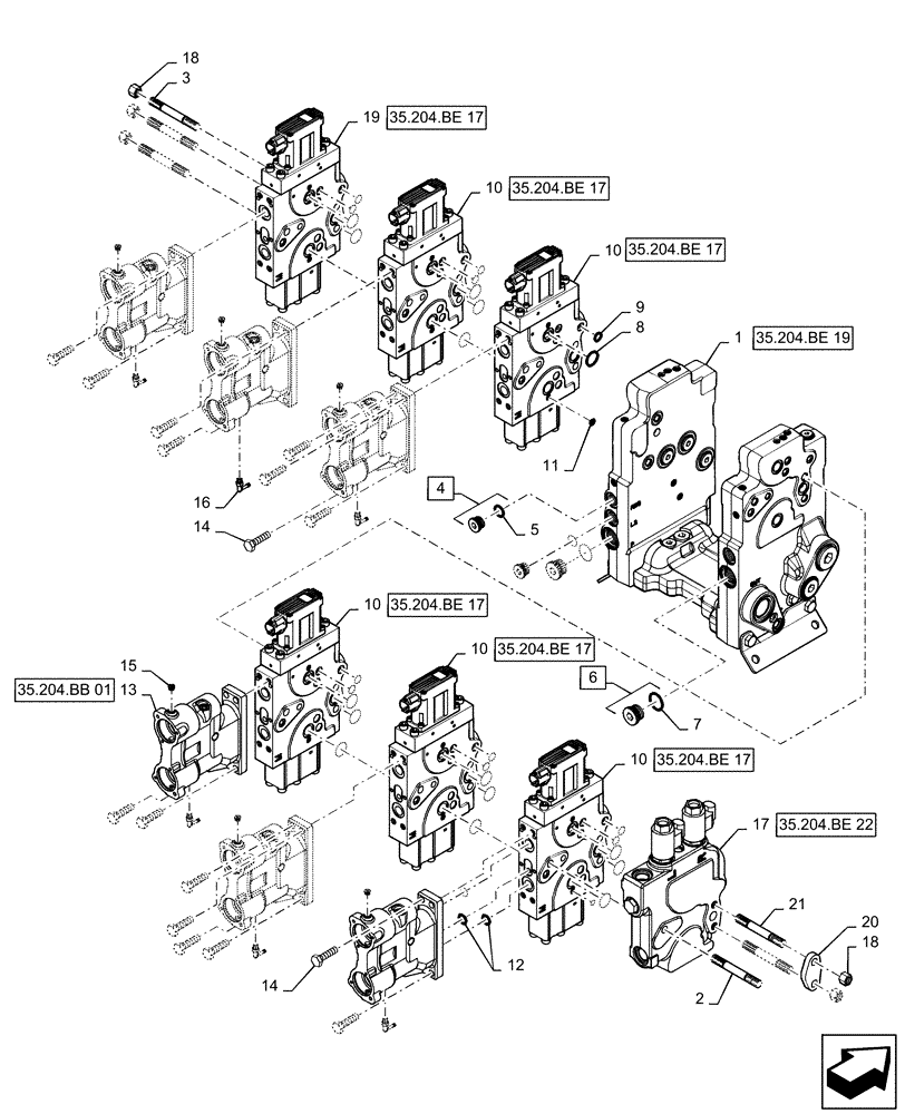 Схема запчастей Case IH STEIGER 540 - (35.204.BE[09]) - AUXILIARY CONTROL VALVE, 6-SPOOL, WITH 3 POINT HITCH (35) - HYDRAULIC SYSTEMS