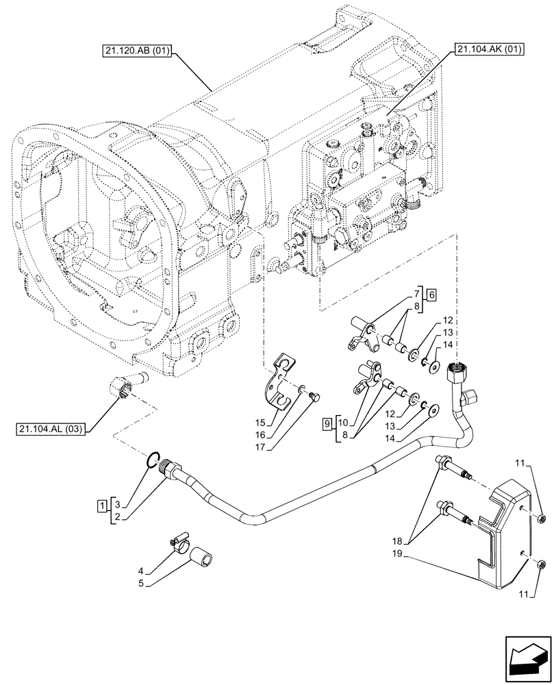 Схема запчастей Case IH FARMALL 65C - (21.104.AL[02]) - VAR - 332069, 334068 - TRANSMISSION LUBRICATION LINE, LEFT SIDE (21) - TRANSMISSION