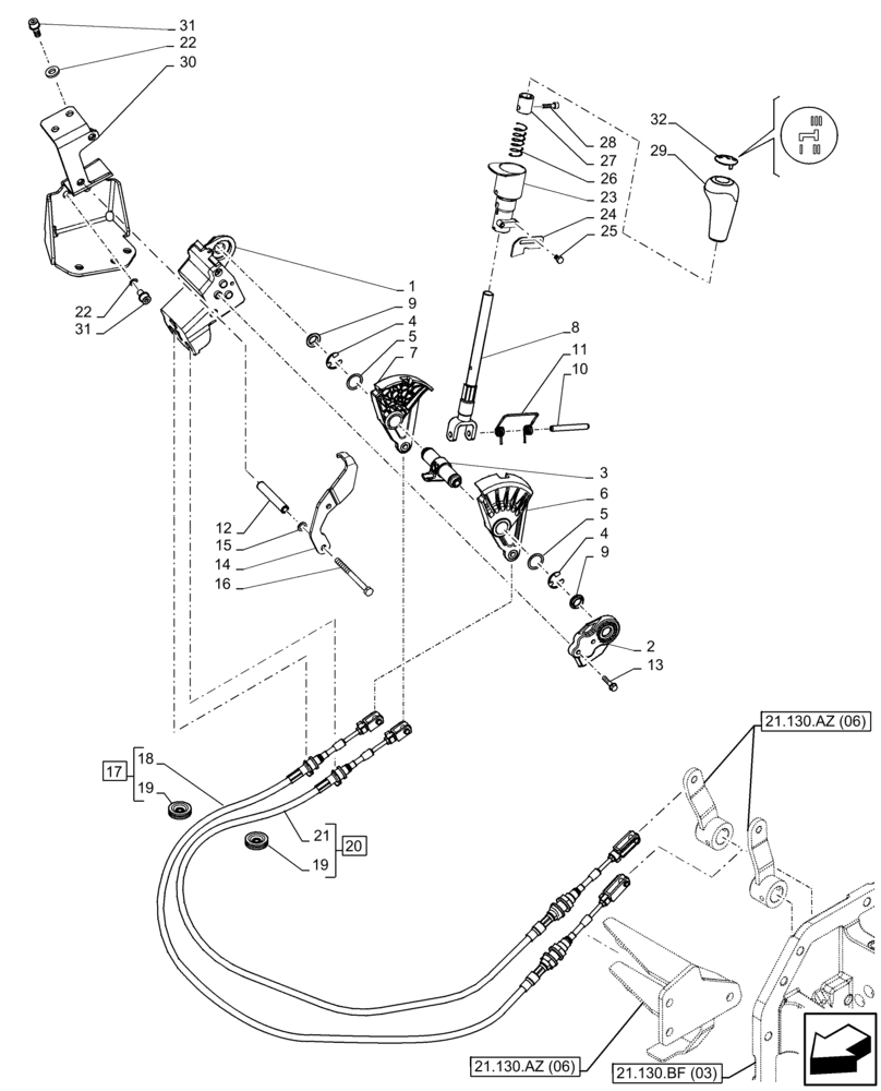 Схема запчастей Case IH FARMALL 65C - (21.134.AI[04]) - VAR - 330272, 330276, 332079, 334176, 743546, 744576 - TRANSMISSION CONTROL LEVER, GEARSHIFT, CAB (21) - TRANSMISSION