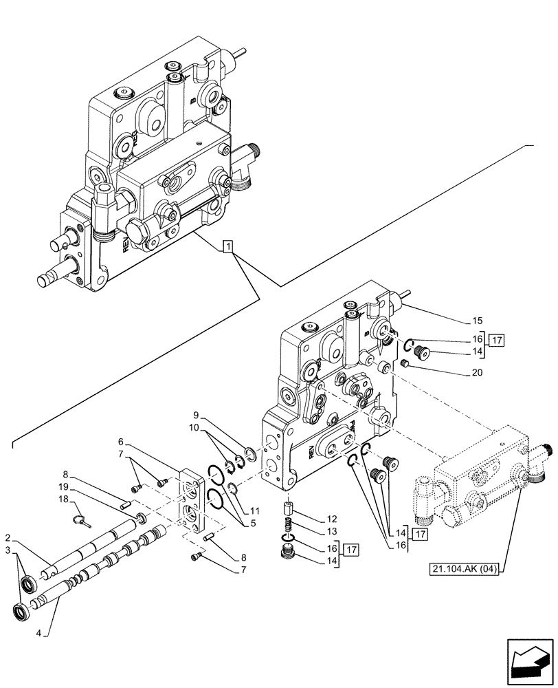 Схема запчастей Case IH FARMALL 65C - (21.104.AK[02]) - VAR - 332069, 334068 - TRANSMISSION VALVE, COMPONENTS (POWER SHUTTLE) (21) - TRANSMISSION