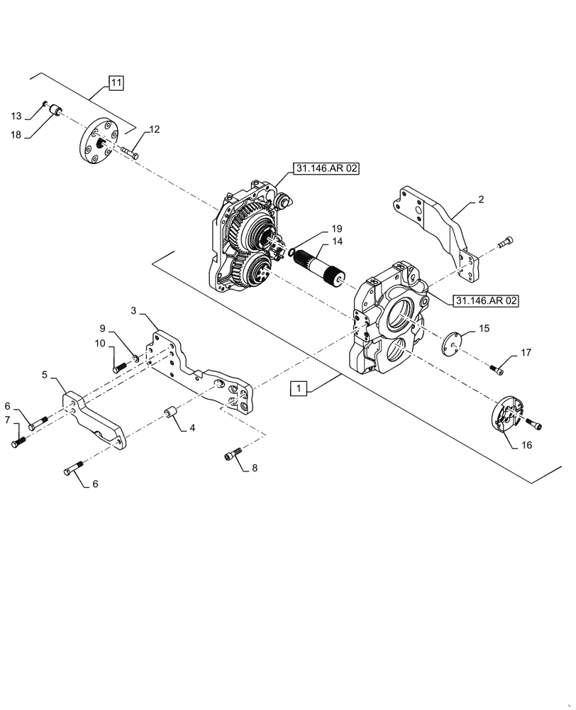 Схема запчастей Case IH MAGNUM 260 - (31.146.AR[01]) - FPTO ENGINE GEARBOX AND ARMS (31) - IMPLEMENT POWER TAKE OFF