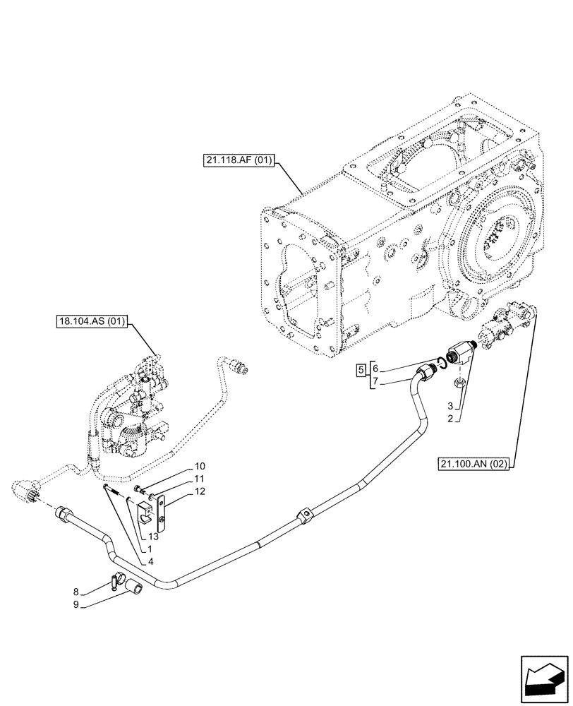 Схема запчастей Case IH FARMALL 75C - (21.100.AQ[02]) - VAR - 330069 - TRANSMISSION LUBRICATION LINES, W/O CAB (SHUTTLE) (21) - TRANSMISSION