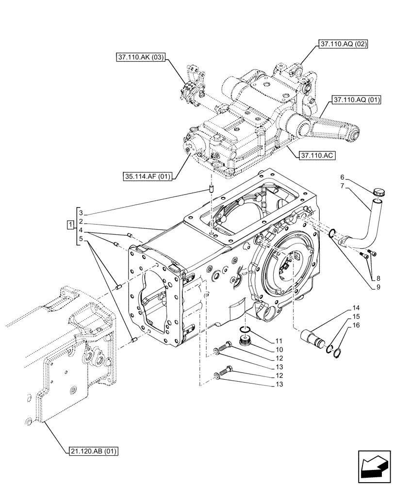 Схема запчастей Case IH FARMALL 75C - (21.118.AF[01]) - VAR - 330276, 332068, 332069, 333068, 333069, 334068, 390068 - TRANSMISSION HOUSING (W/ PARKING LOCK) (21) - TRANSMISSION