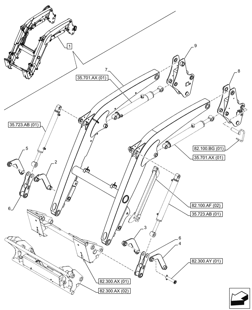 Схема запчастей Case IH FARMALL 75C - (82.100.AF[01]) - VAR - 333489, 335489, 336732, 336914 - LOADER, ARM/LIFTING DEVICE (82) - FRONT LOADER & BUCKET