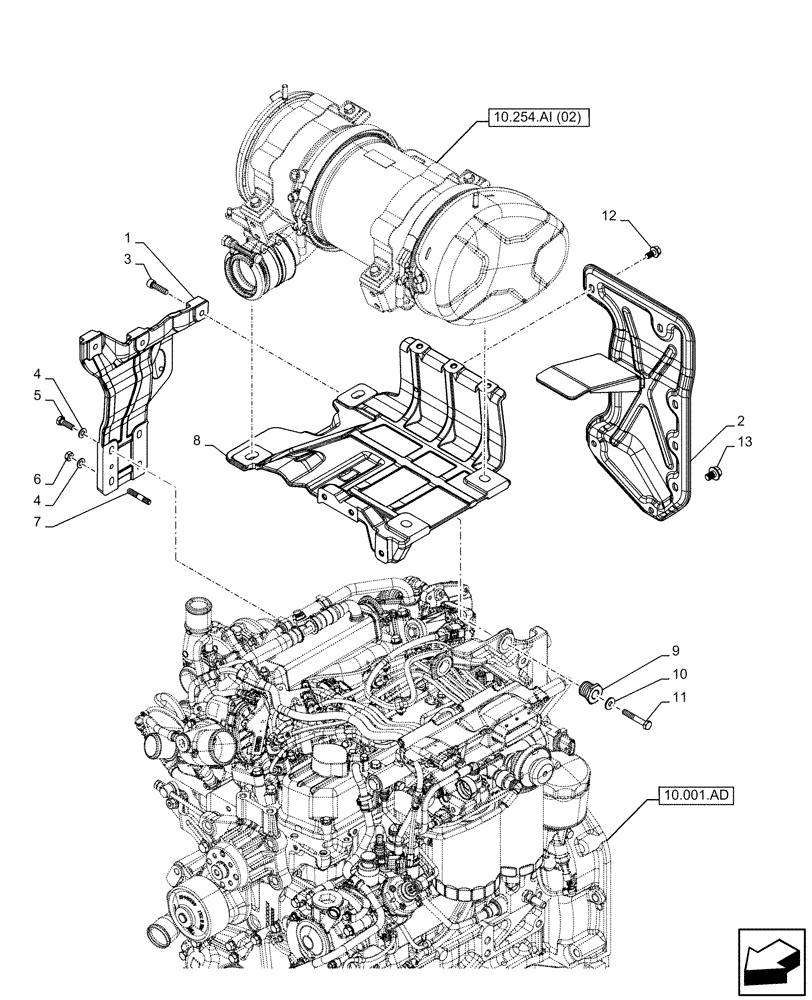 Схема запчастей Case IH FARMALL 85C - (10.254.AI[03]) - VAR - 391151, 743544, 743545 - EXHAUST SYSTEM, MUFFLER, SUPPORT (10) - ENGINE