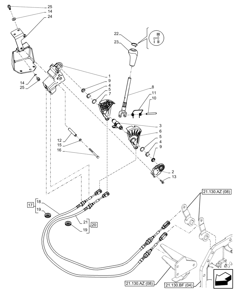 Схема запчастей Case IH FARMALL 65C - (21.134.AI[06]) - VAR - 330274, 330276, 332079, 334176, 743546, 744576 - TRANSMISSION CONTROL LEVER, GEARSHIFT, W/O CAB (21) - TRANSMISSION