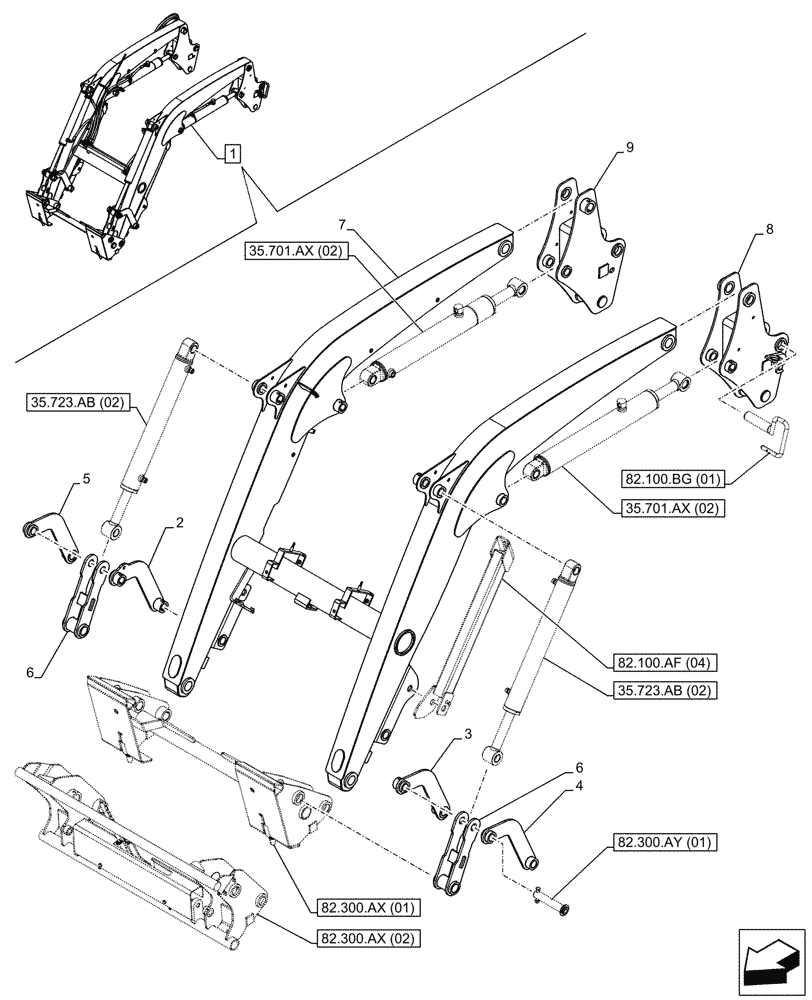 Схема запчастей Case IH FARMALL 75C - (82.100.AF[03]) - VAR - 336732, 336914 - LOADER, ARM/LIFTING DEVICE (W/ DIVERTER) (82) - FRONT LOADER & BUCKET