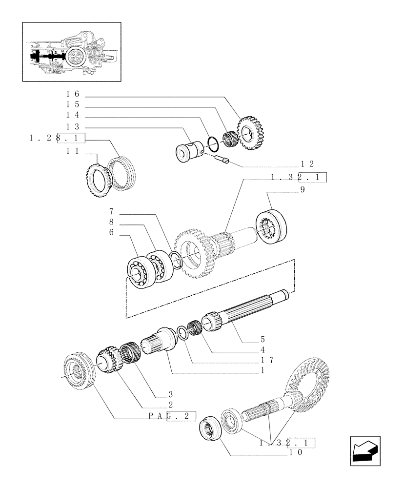 Схема запчастей Case IH JX90U - (1.28.1/02[03]) - (VAR.113-119-119/1) SYNCHRONIZED CREEPER AND REVERSER UNIT - SHAFTS AND GEARS (03) - TRANSMISSION