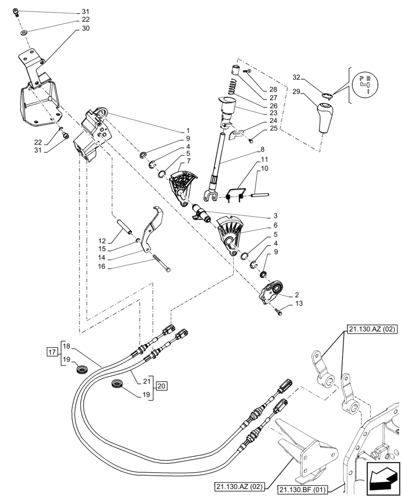 Схема запчастей Case IH FARMALL 75C - (21.134.AI[02]) - VAR - 330274, 334174, 334175, 390067 - TRANSMISSION CONTROL LEVER, GEARSHIFT, CAB (21) - TRANSMISSION