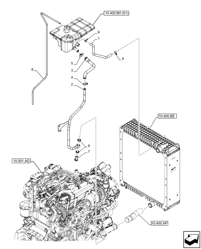 Схема запчастей Case IH FARMALL 95C - (10.400.AK) - VAR - 391013 - EXPANSION TANK, HOSE (10) - ENGINE