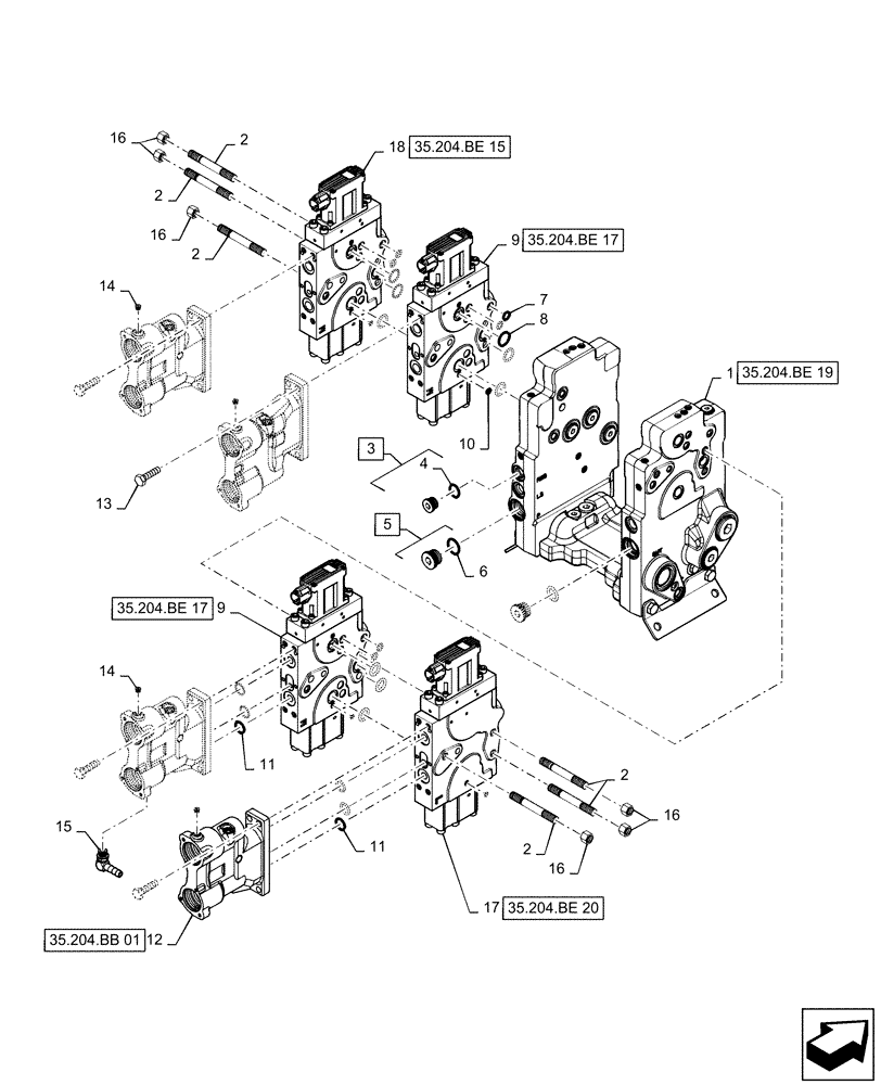 Схема запчастей Case IH QUADTRAC 580 - (35.204.BE[01]) - AUXILIARY CONTROL VALVE, 4-SPOOL (35) - HYDRAULIC SYSTEMS