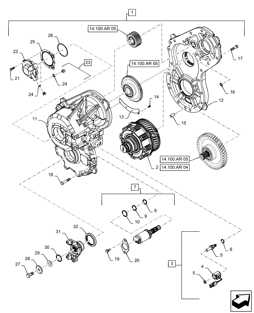 Схема запчастей Case IH STEIGER 500 - (14.100.AR[02]) - VAR - 420601 - PARALLEL FLOW HYDRAULIC PUMP DRIVE, SERVICE PARTS, W/ PTO, BSN ZFF304323 (14) - MAIN GEARBOX & DRIVE