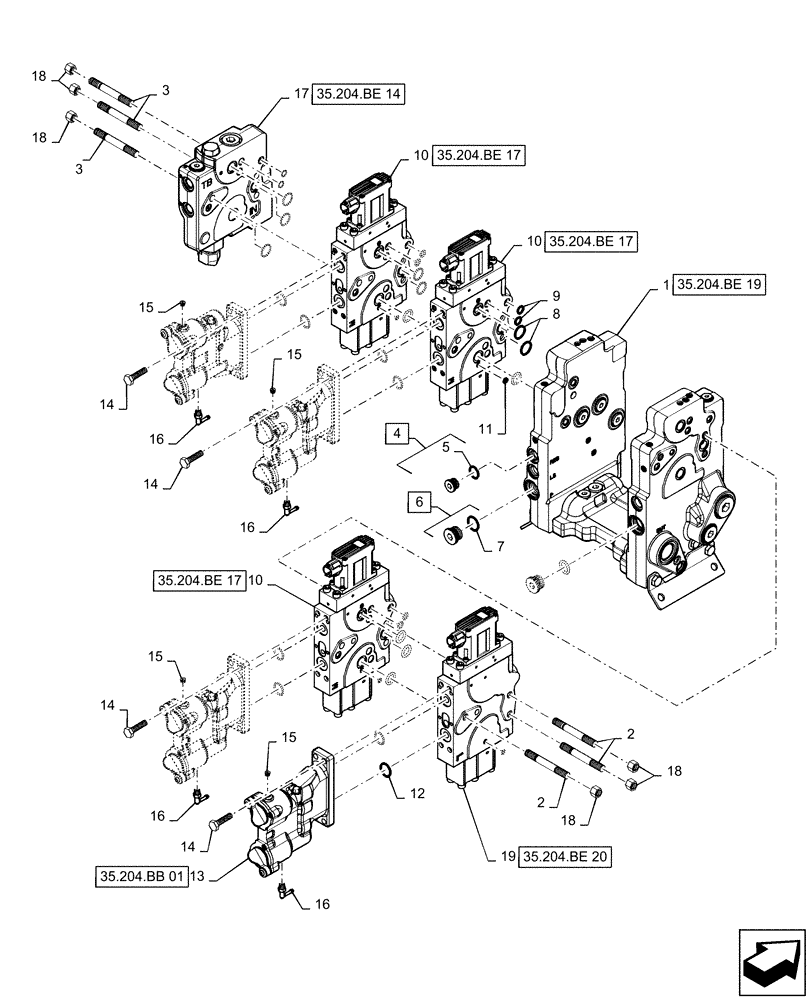 Схема запчастей Case IH QUADTRAC 500 - (35.204.BE[04]) - AUXILIARY CONTROL VALVE, 4-SPOOL, WITH TRAILER BRAKE (35) - HYDRAULIC SYSTEMS