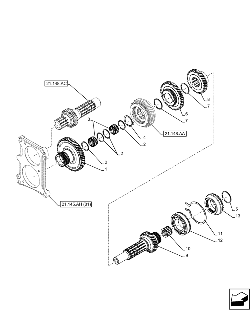 Схема запчастей Case IH FARMALL 75C - (21.148.AH) - VAR - 332079, 334174, 334175, 334176, 744576 - TRANSMISSION, DRIVEN SHAFT, GEAR (21) - TRANSMISSION