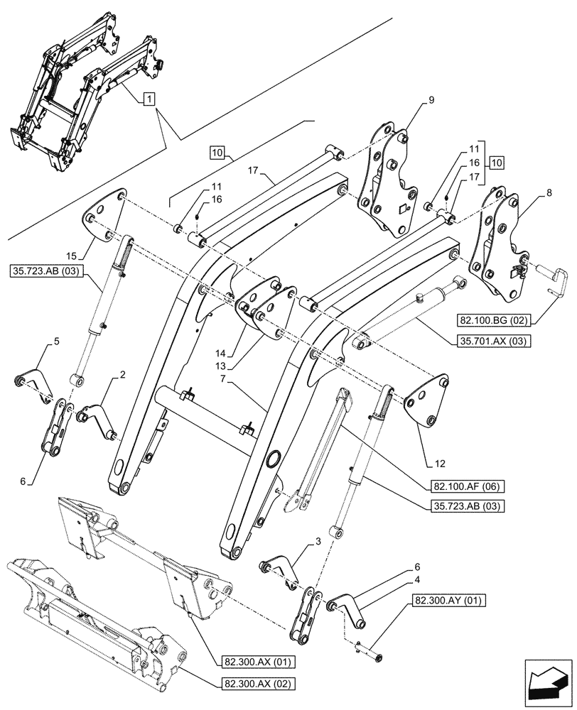 Схема запчастей Case IH FARMALL 65C - (82.100.AF[05]) - VAR - 334489, 339489, 336734, 336736 - LOADER, ARM/LIFTING DEVICE (SELF LEVELLING) (82) - FRONT LOADER & BUCKET