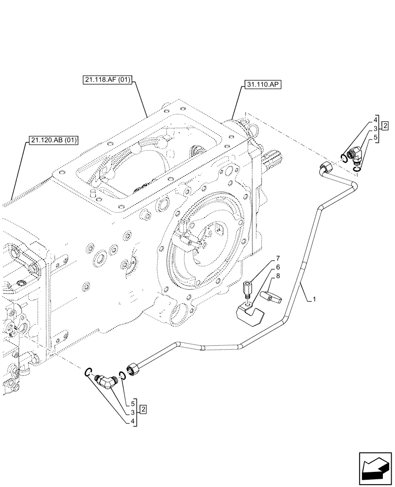 Схема запчастей Case IH FARMALL 75C - (21.104.AL[01]) - VAR - 332069, 334068 - TRANSMISSION LUBRICATION LINE (21) - TRANSMISSION