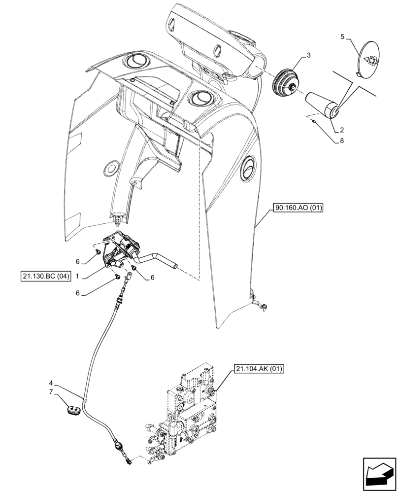 Схема запчастей Case IH FARMALL 75C - (21.130.BC[03]) - VAR - 330274, 330276, 334175, 334176 - TRANSMISSION CONTROL LEVER, REVERSER (21) - TRANSMISSION