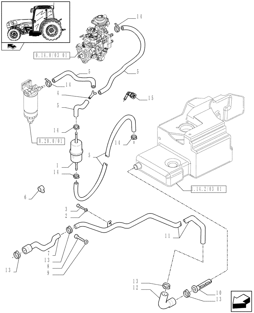 Схема запчастей Case IH FARMALL 105N - (1.14.2/03[03]) - SMALL FUEL TANK - FUEL LINES (VAR.332143 / 743501) (02) - ENGINE EQUIPMENT