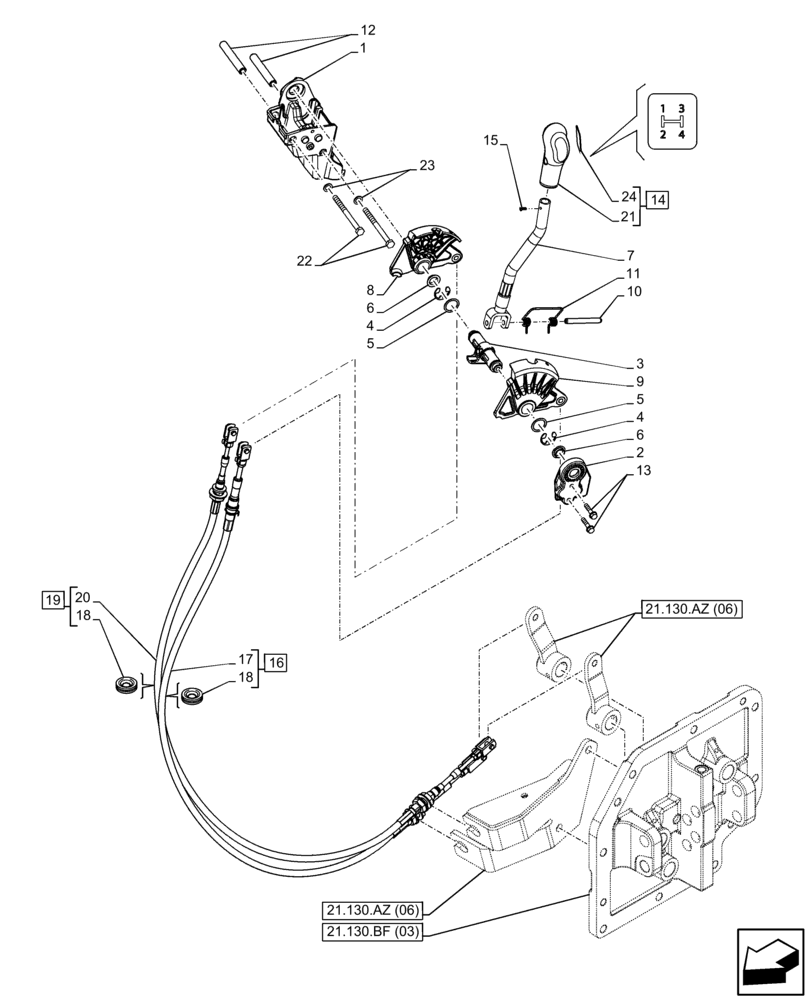 Схема запчастей Case IH FARMALL 75C - (21.134.AI[01]) - VAR - 330274, 334174, 334175, 390067 - TRANSMISSION CONTROL LEVER, GEARSHIFT, CAB (21) - TRANSMISSION