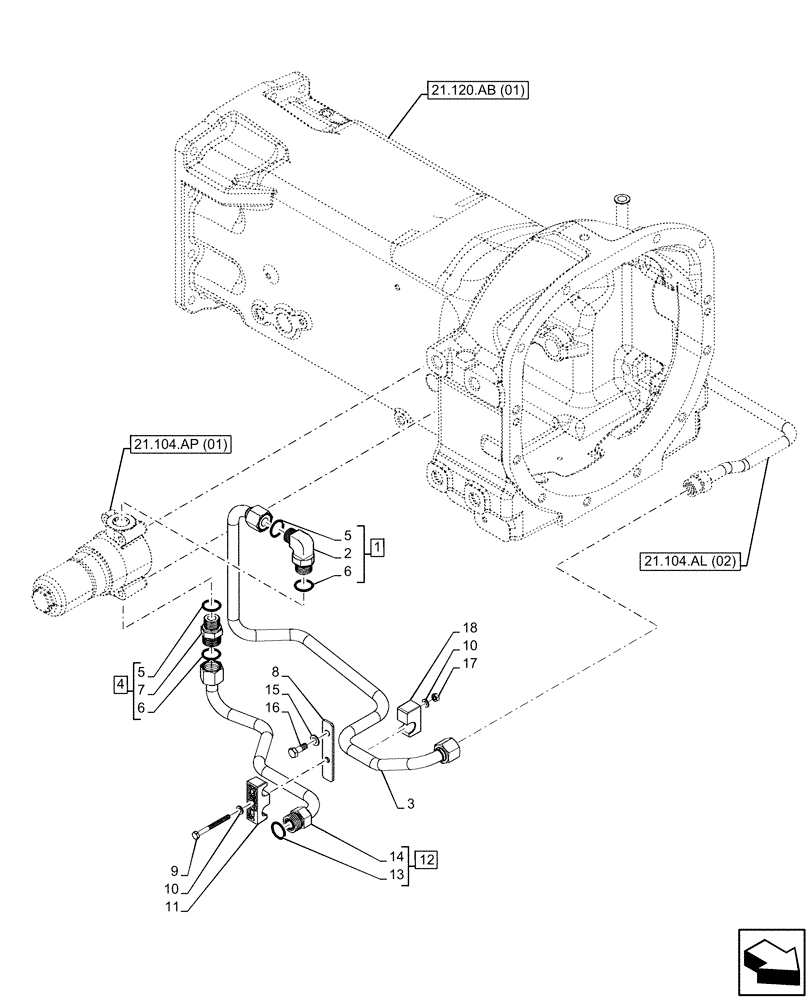 Схема запчастей Case IH FARMALL 65C - (21.104.AL[03]) - VAR - 332069, 334068 - TRANSMISSION LUBRICATION LINE, RIGHT SIDE (21) - TRANSMISSION