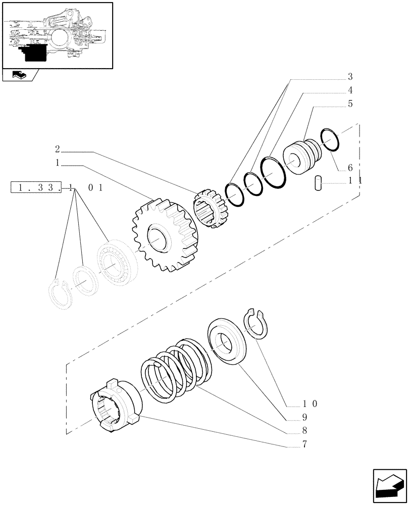 Схема запчастей Case IH FARMALL 95N - (1.33.1[02]) - TRANSMISSION GEARS - 4WD, DRIVEN GEAR AND SLIDING SLEEVE (04) - FRONT AXLE & STEERING