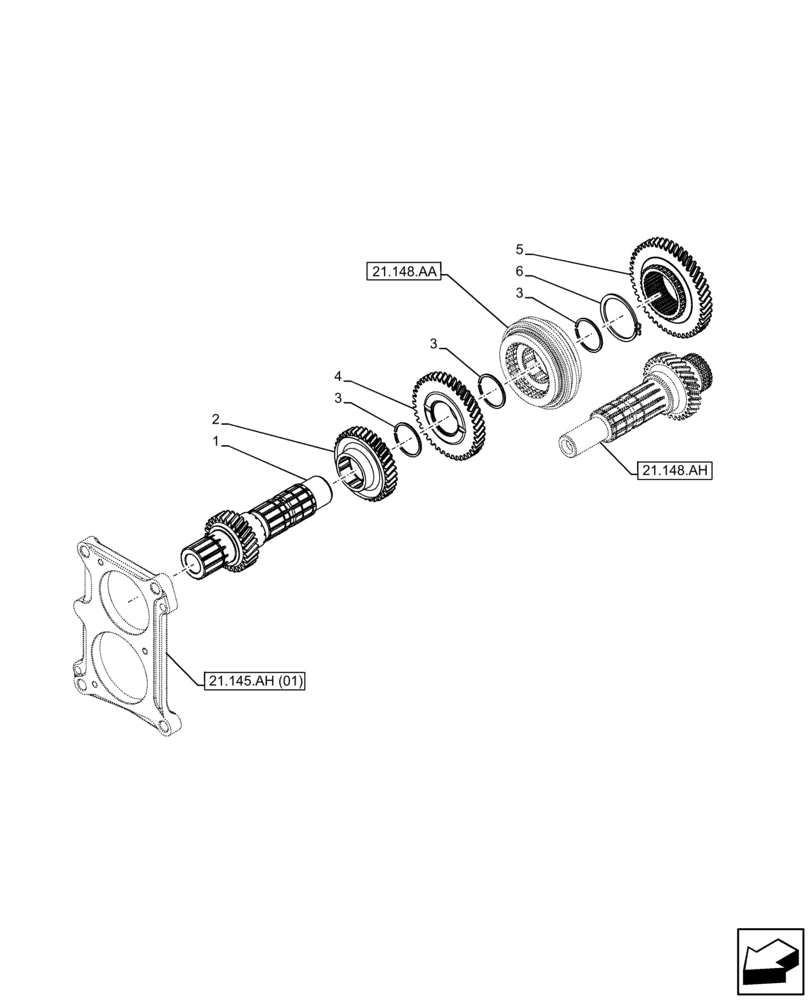 Схема запчастей Case IH FARMALL 65C - (21.148.AC) - VAR - 332079, 334174, 334175, 334176, 744576 - TRANSMISSION, GEAR, DRIVE GEAR SHAFT (21) - TRANSMISSION