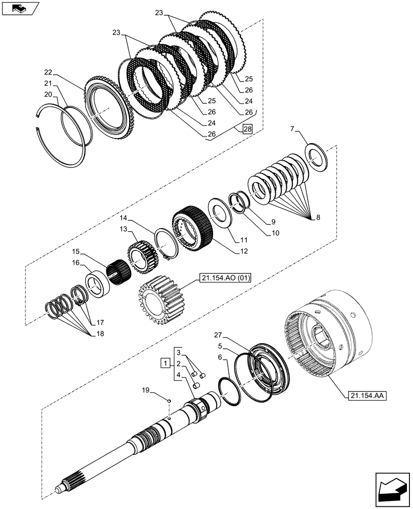 Схема запчастей Case IH FARMALL 75C - (21.154.AJ) - VAR - 330274, 330276, 334175, 334176 - TRANSMISSION, CLUTCH, DRIVEN SHAFT, DISC (21) - TRANSMISSION