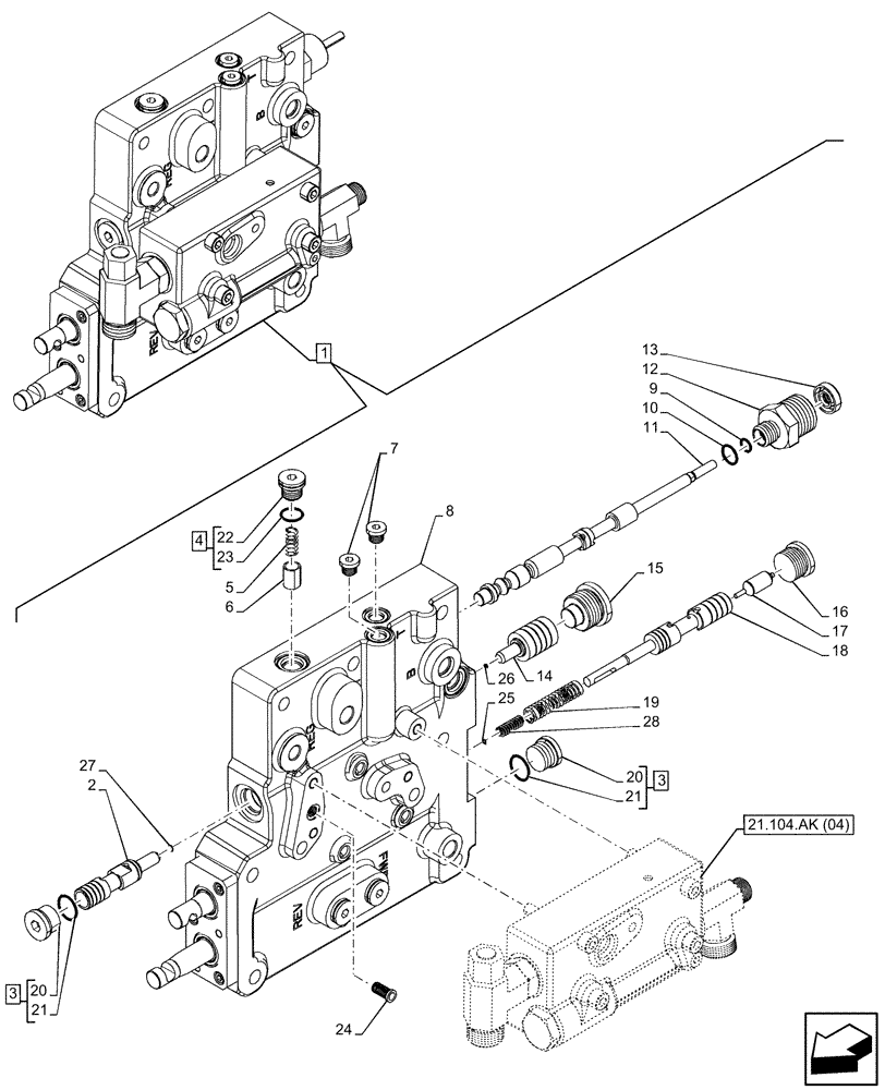 Схема запчастей Case IH FARMALL 75C - (21.104.AK[03]) - VAR - 332069, 334068 - TRANSMISSION, VALVE, COMPONENTS (POWER SHUTTLE) (21) - TRANSMISSION