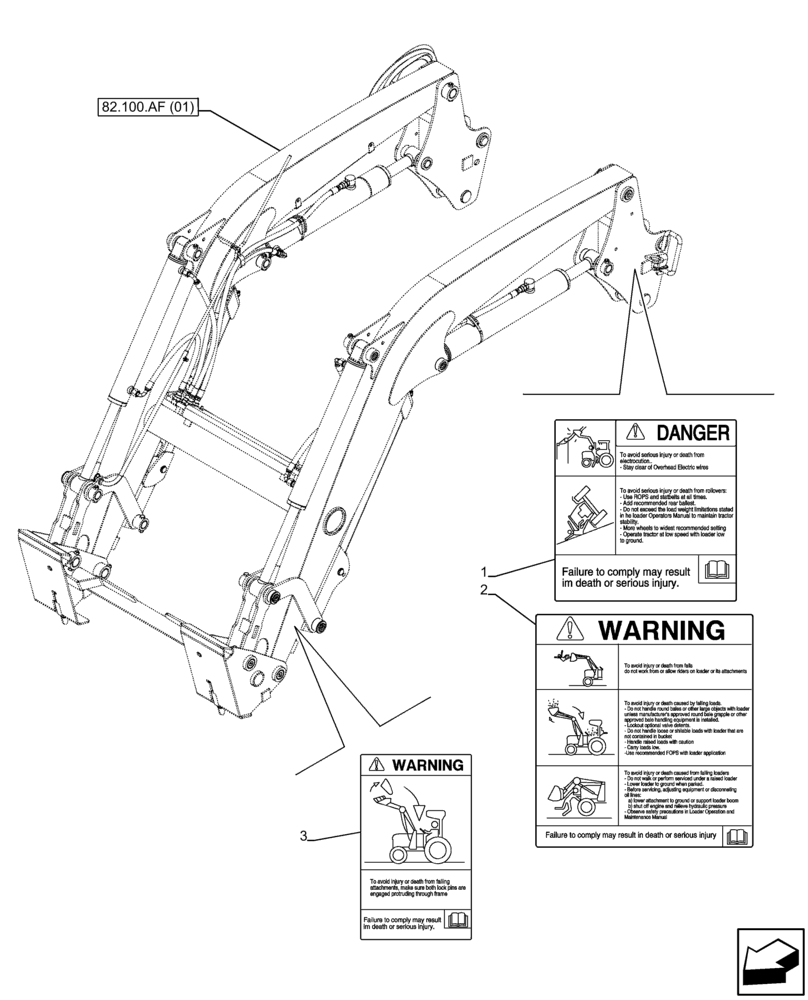 Схема запчастей Case IH FARMALL 65C - (90.108.AC[01]) - VAR - 333489, 334489, 335489, 339489 - DECALS, WARNING, LOADER ARM, FRONT (90) - PLATFORM, CAB, BODYWORK AND DECALS