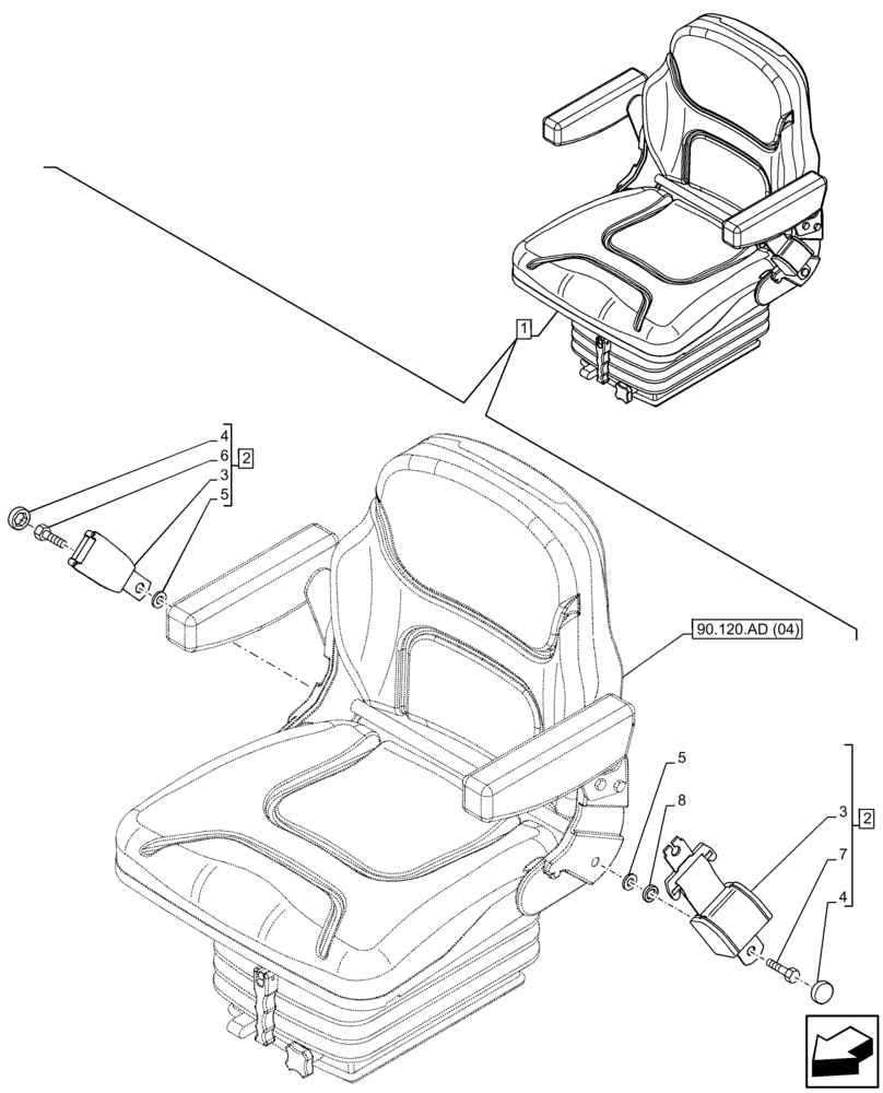 Схема запчастей Case IH FARMALL 65C - (90.151.AD[05]) - VAR - 331156 - DRIVER SEAT (W/ ARMREST), BELT, W/O CAB (90) - PLATFORM, CAB, BODYWORK AND DECALS