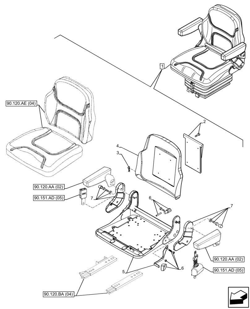 Схема запчастей Case IH FARMALL 75C - (90.120.BH[04]) - VAR - 331156 - DRIVER SEAT (W/ ARMREST), FRAME, W/O CAB (90) - PLATFORM, CAB, BODYWORK AND DECALS