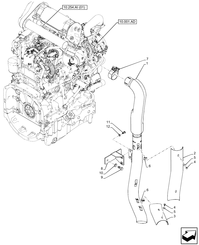 Схема запчастей Case IH FARMALL 65C - (10.254.AD[02]) - VAR - 330150, 743544 - EXHAUST SYSTEM PIPE, HORIZONTAL (10) - ENGINE