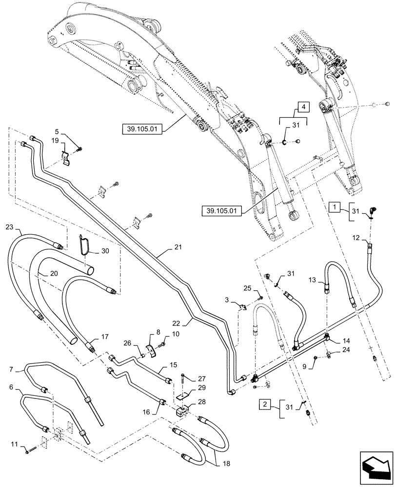 Схема запчастей Case IH SV300 - (35.701.01[03]) - BUCKET TIP LINES, HP HIGH FLOW 2ND, (SV300,TV380) AFTER JULY 31, 2013 (35) - HYDRAULIC SYSTEMS