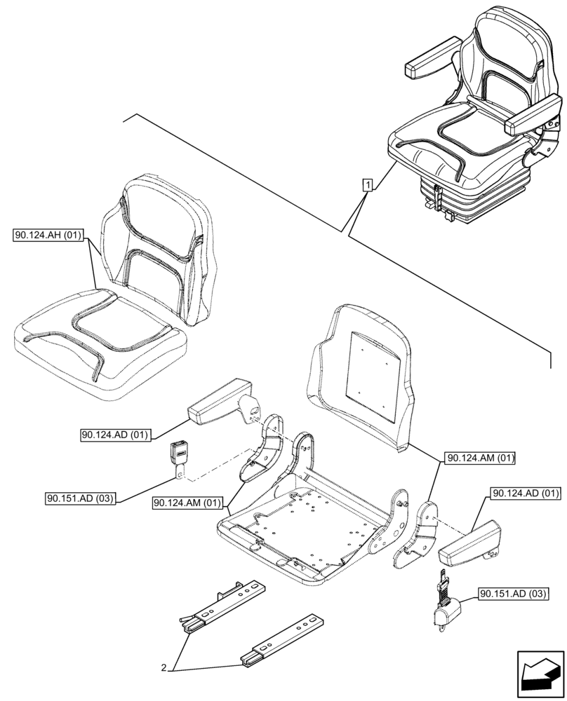 Схема запчастей Case IH FARMALL 75C - (90.124.AL[01]) - VAR - 331850 - DRIVER SEAT (W/ ARMREST), RAIL ASSY, CAB (90) - PLATFORM, CAB, BODYWORK AND DECALS