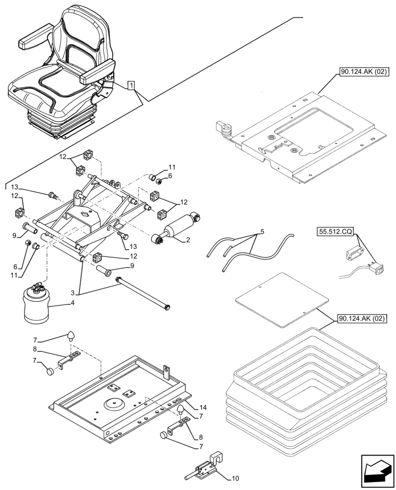 Схема запчастей Case IH FARMALL 65C - (90.124.AK[01]) - VAR - 331850 - DRIVER SEAT (W/ ARMREST), SUSPENSION, SHOCK ABSORBER, AIR COMPRESSOR, CAB (90) - PLATFORM, CAB, BODYWORK AND DECALS