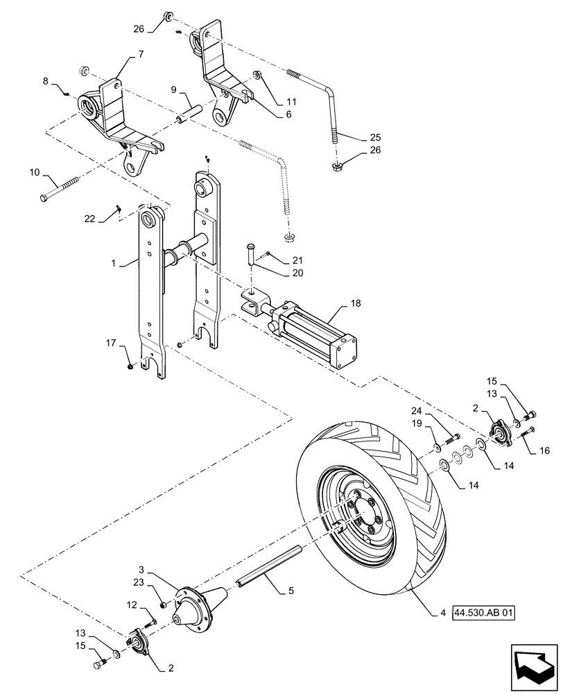 Схема запчастей Case IH 1225 EARLY RISER - (44.530.AC[02]) - RIGHT INNER DRIVE WHEEL (44) - WHEELS